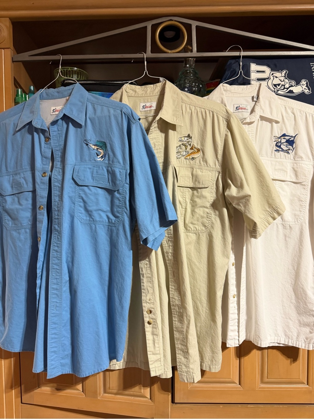 Men’s Short-Sleeve Fishing Shirts Embroidered- Blue, Tan, White (3 Pack)